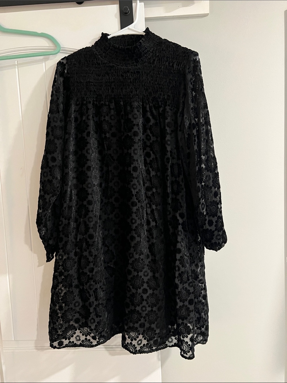 Uncle Frank Black Floral Burnout Smocked Neck Long Sleeve Dress